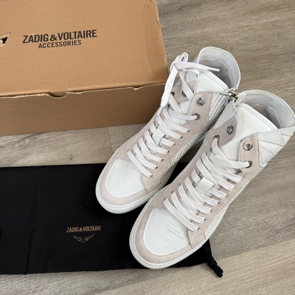 NWT Zadig & Voltaire High Flash Keith Lace Up Sneakers White Size 41 Leather - Picture 1 of 8